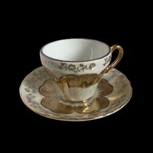 Vintage Sterling China Floral Gold Opalescent Demitasse Set Of 6 Cups & Saucers